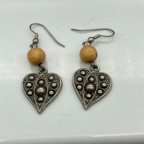 Vintage Boho Heart Drop Earrings, Wooden Bead and Brutalist Heart Dangle - Picture 2 of 6